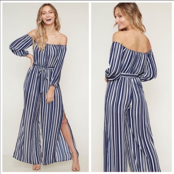 Mon Belle Amour Pants - 💥HP💥Navy&White Striped off the Shoulder Jumpsuit